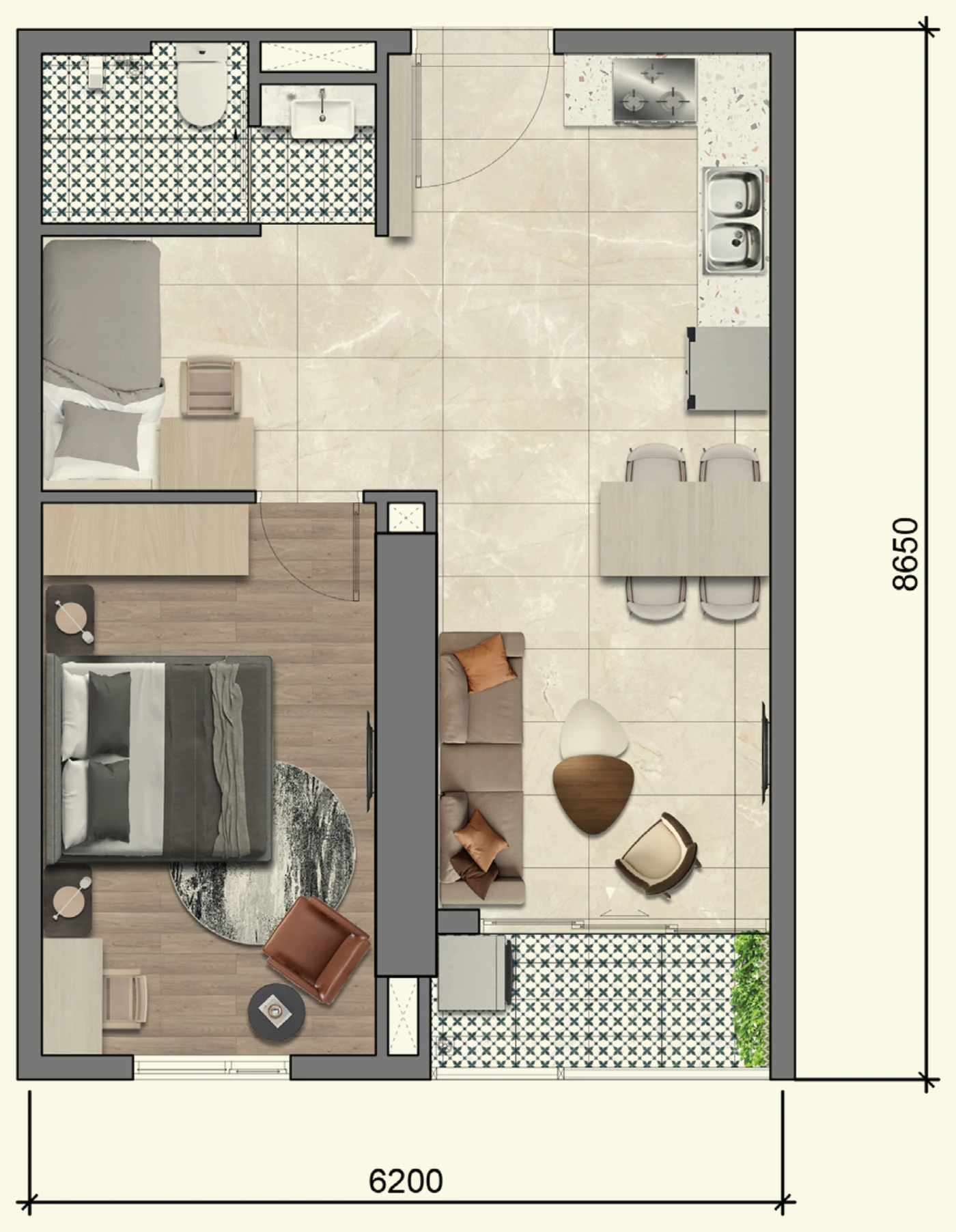 Mặt bằng căn hộ 1PN+ D Legacy 66